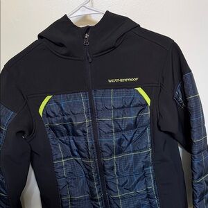 Weatherproof Black Hoodie with Navy Quilted Panels and Lime Trim